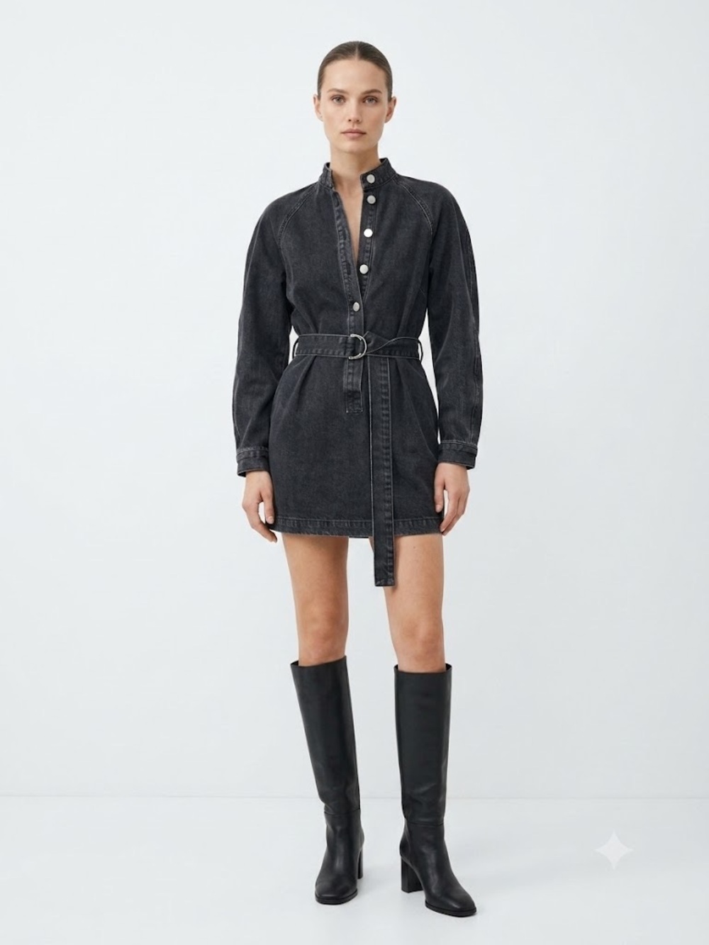 ZARA Faded Black Button-Up Belted Denim Mini Dress - Sz XS